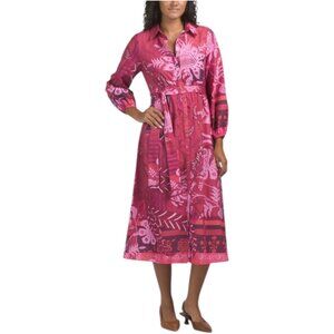 CELINA MOON Long Sleeve Floral Striped Midi Dress With Belt